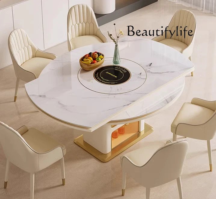 

Обеденный стол из французской кремовой ветровой каменной плиты, телескопическая встроенная поворотная плита для маленькой квартиры, индукционная плита, мрамор