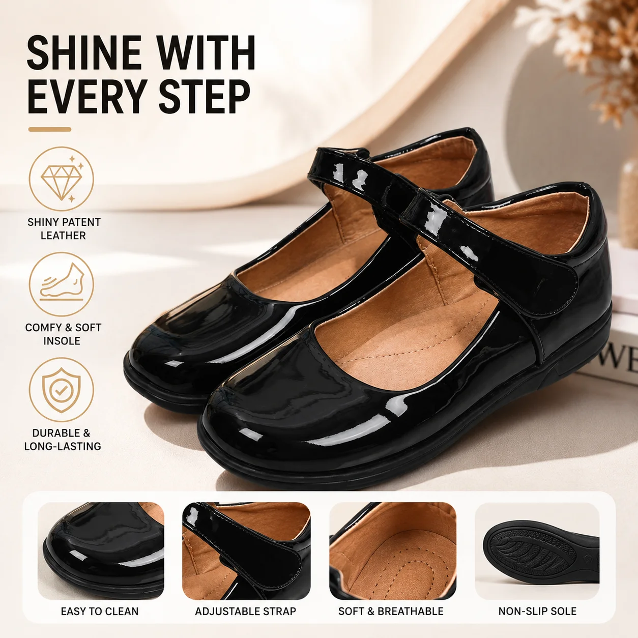 Girls Glossy Black Mary Jane School Flats, Kids Uniform Non-Slip Soft Sole Dress Shoes, Back To School Performance Footwear