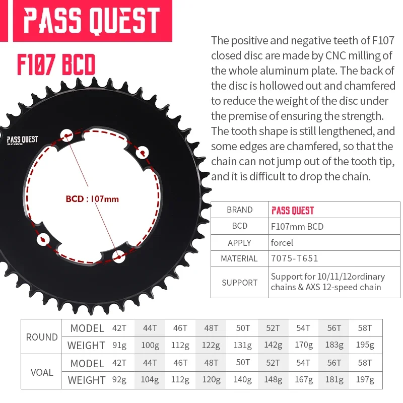 PASS QUEST 107BCD Bicycle Chainring 42T-58T Close Disc Black Chainwheel Narrow Wide Teeth AXS Sprocket for Sram Force Aero