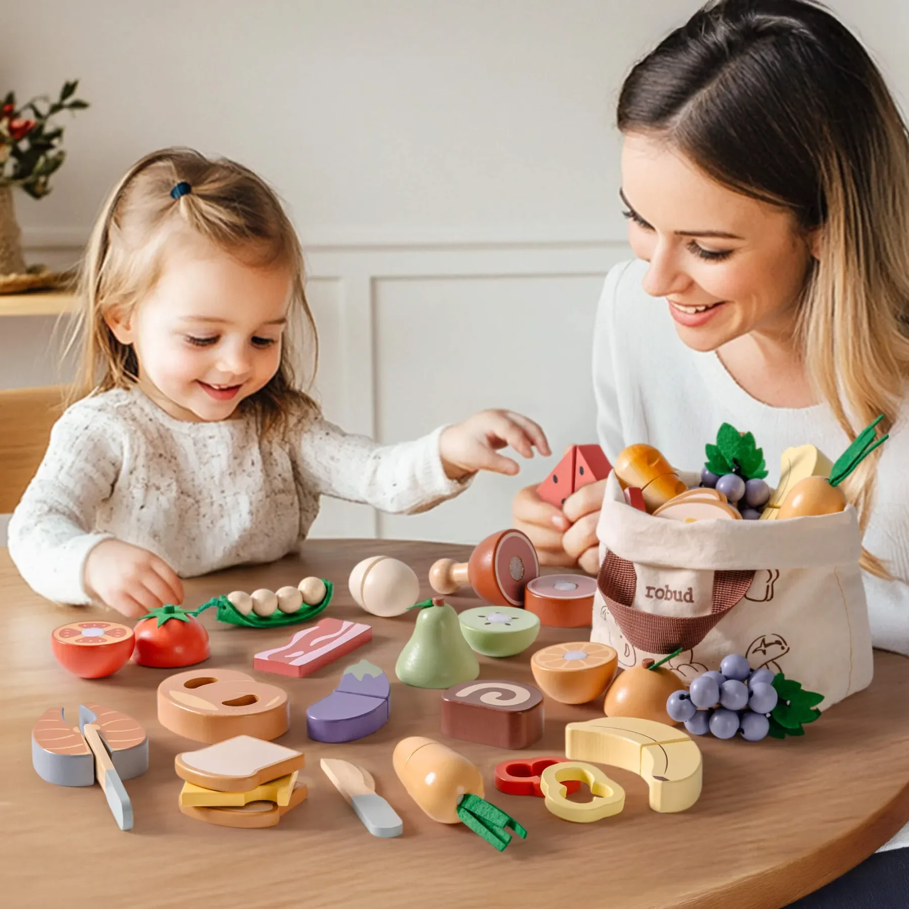 Robud Holzspiellebensmittel 4-in-1-Schneideset Rollenspielspielzeug Essen zum Spielen der Küche mit Einkaufstasche – Kinderküchenzubehör