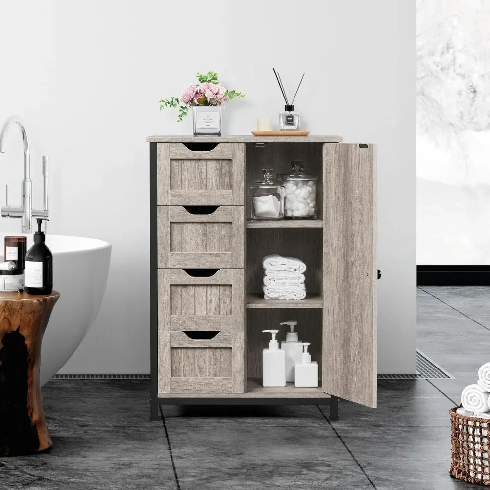 XMSJ Bathroom Floor Cabinet with 4 Drawers Freestanding Storage Cabinet with Single Door and Adjustable Shelves Cabinets