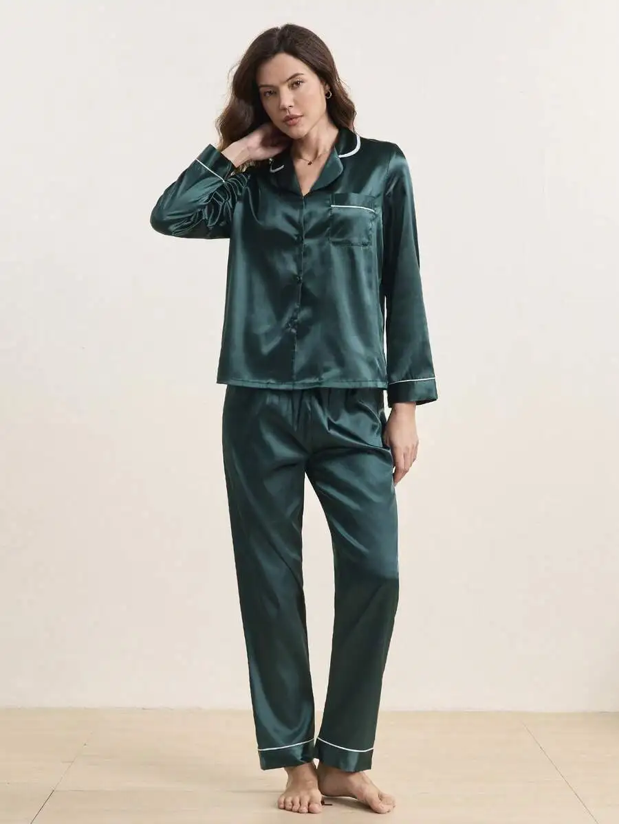 

Satin Button Front Lapel Collar Pajama Set For Women Sleepwear