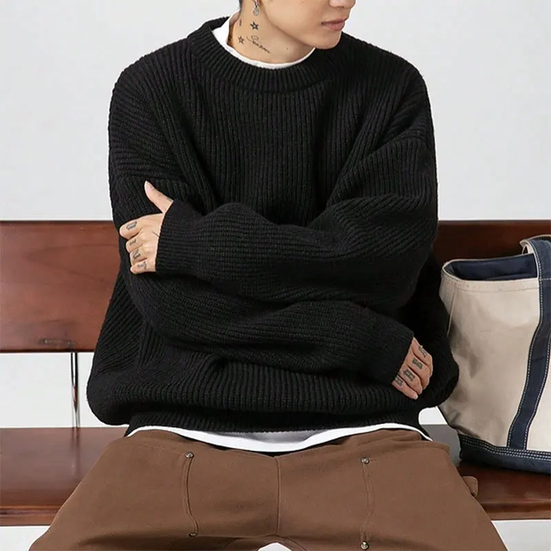 Heavy-duty thick needle stitch texture pullover for men 2025 new style pure color loose round neck knitted jacket Asian size