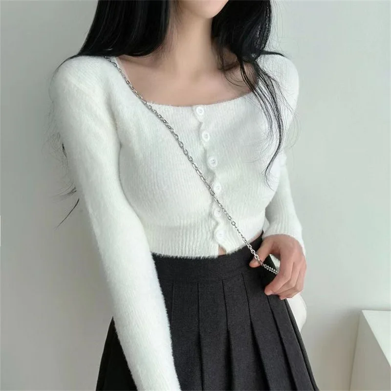 

Cardigan for Women Korean Fashion Mink Cashmere Cropped Knit Sweater Long Sleeved Sweet Slim Fit Square Collar Y2k Clothes