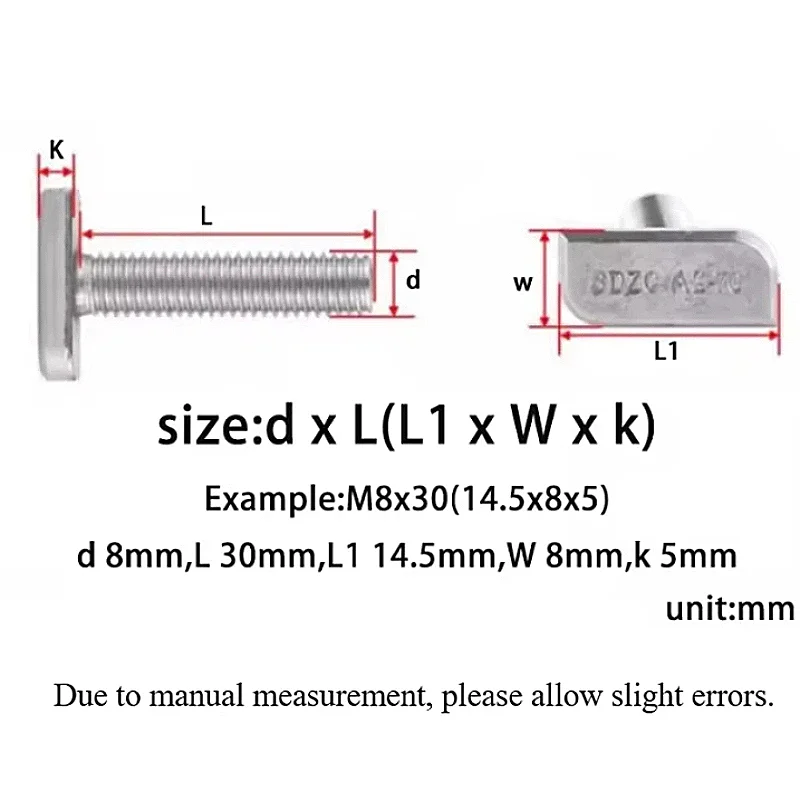 M8 T-Bolt 304 Stainless Steel T-Screws Aluminum Profile T Slot Photovoltaic Groove Use Square Head Screw Bolt