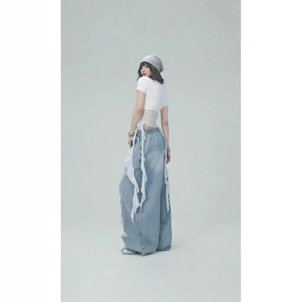 

White Denim Patch Ripped Dance Pants Trendy Street Style Casual Jazz Hot Girl Fashionable Women's Bottom Wear