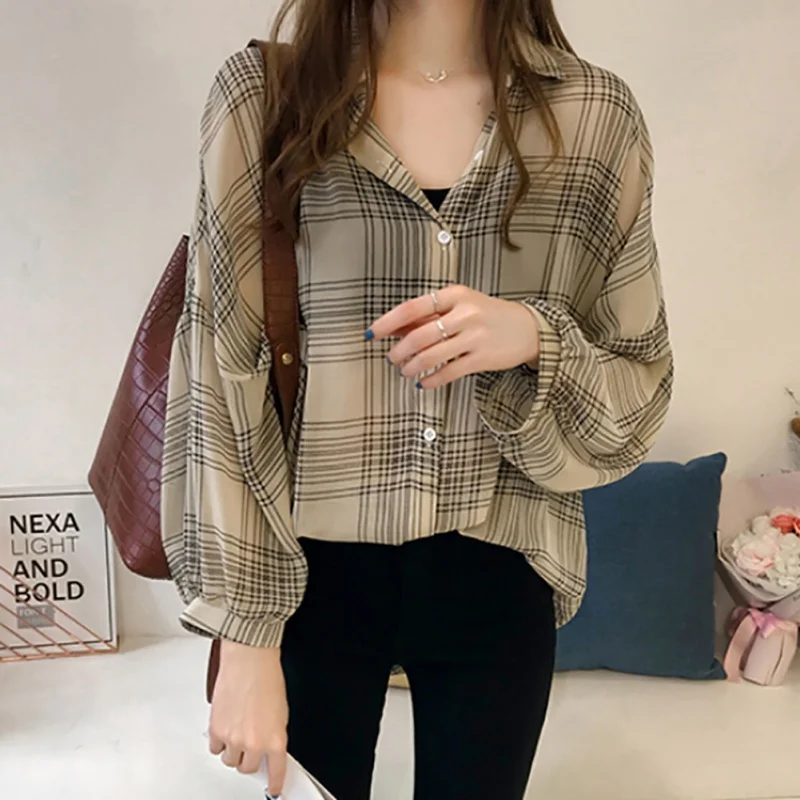 Batwing Sleeve Chiffon Blouses Chic Plaid Shirts Women Autumn Casual Chemise Femme Tops Tartan 2022