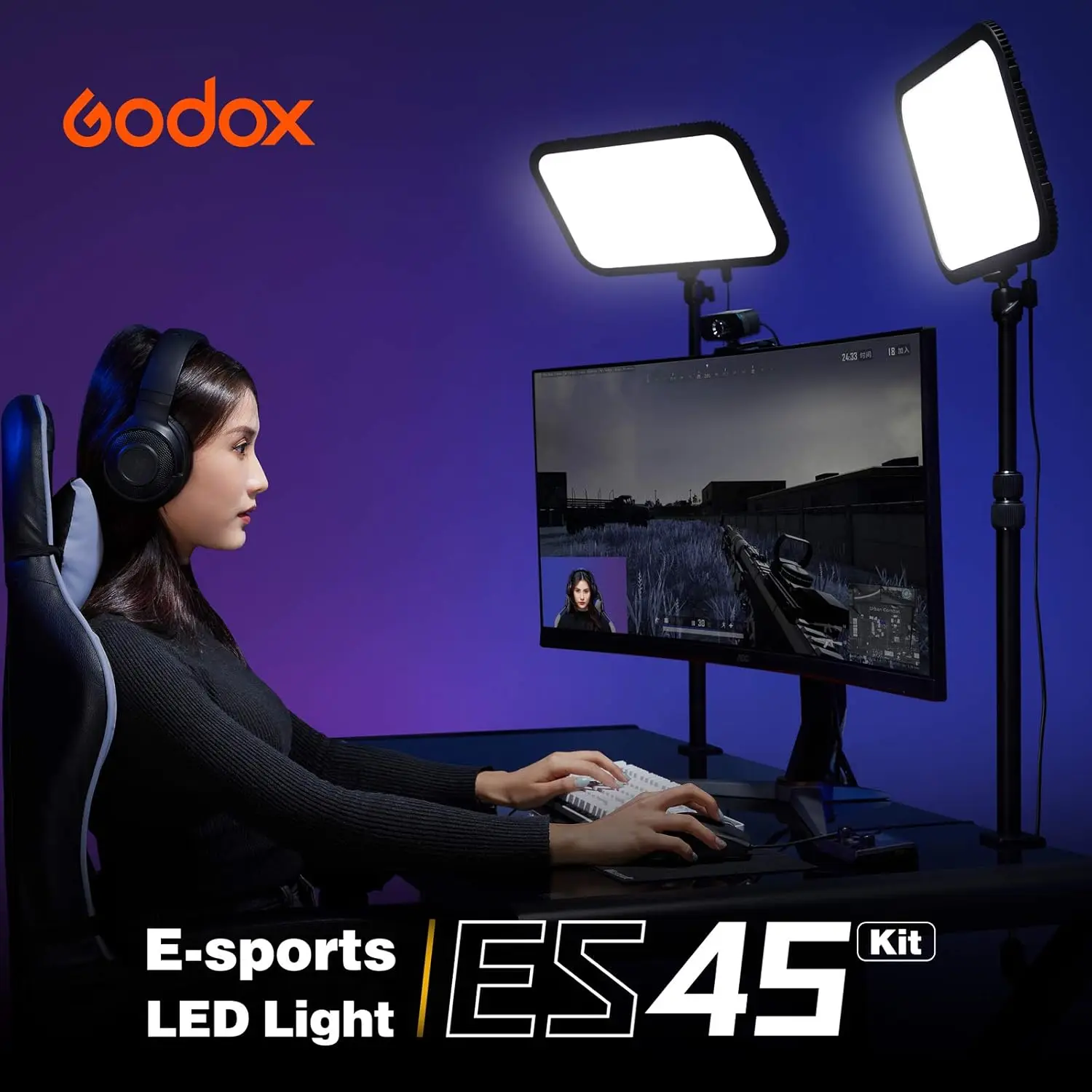 Godox ES45 47.6W E-Sport 2800K to 6500K Bi-Color LED Light Panel for Streaming Fill Light with Bluetooth Control CRI 96 TLCI 97
