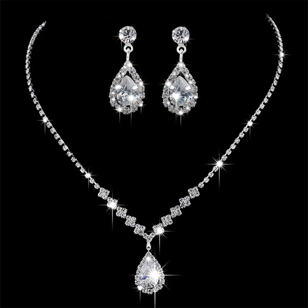 Women's Simple Water Drop Crystal Rhinestone Necklace Earrings Set