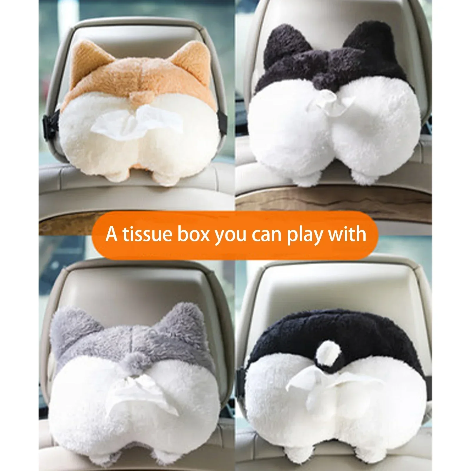 Car Cute Soft Plush Tissue Box Animals Funny Cartoon Corgi Cat Butt Seat Back Headrest Armrest Paper Storage Holder Accessories