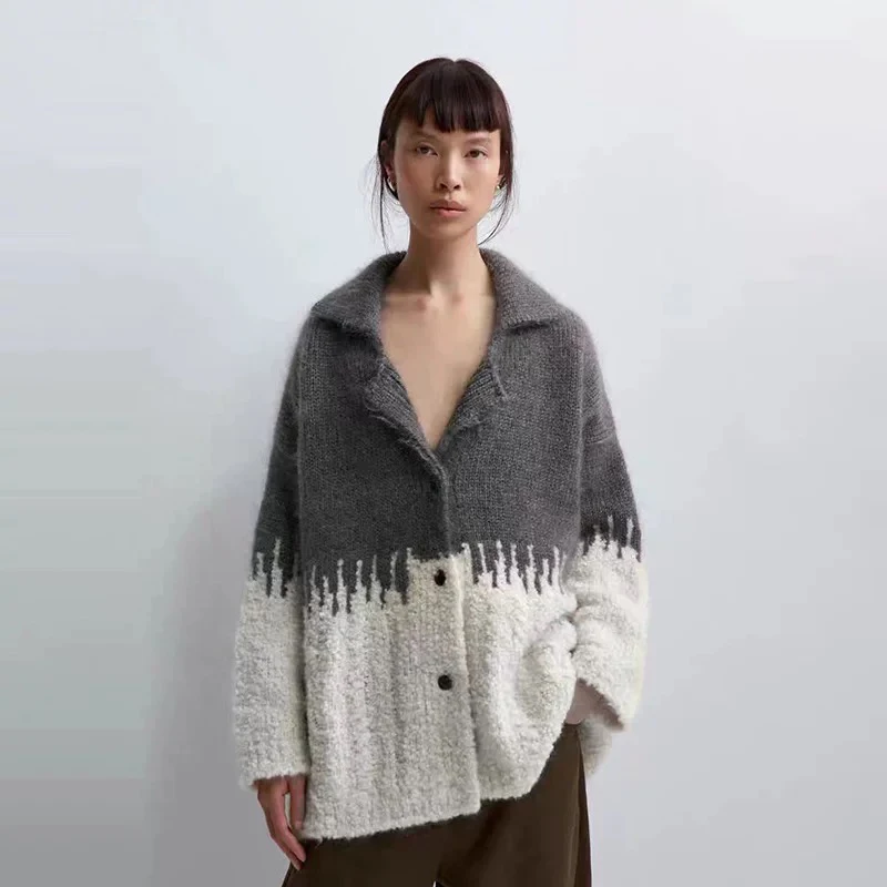 

Свитер-кардиган в скандинавском стиле для осени и зимы, модный, с цветовыми блоками, свободный, с отложным воротником, вязаный, с круглым вырезом, теплый, согревающий