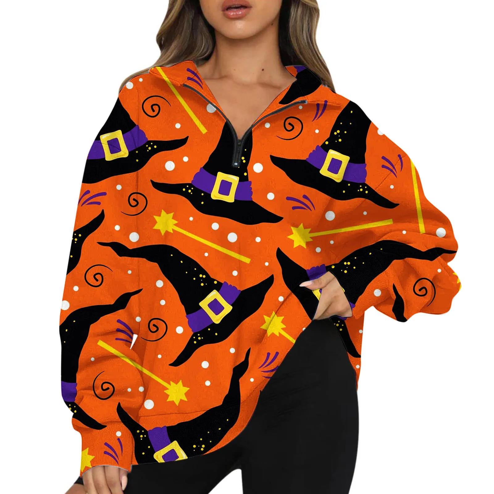 Fashionable Long Sleeved Women's Spring And Autumn New Zippered Collar Halloween Factor Pattern Printed Long Sleeves WF1