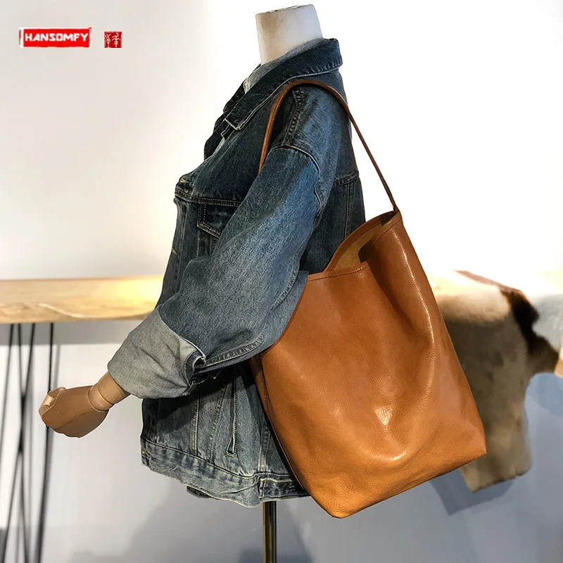 Vegetable Tanning Leather Women Bag Shoulder Bag Female Large Capacity Tote Bag Vintage Leather Big Handbags