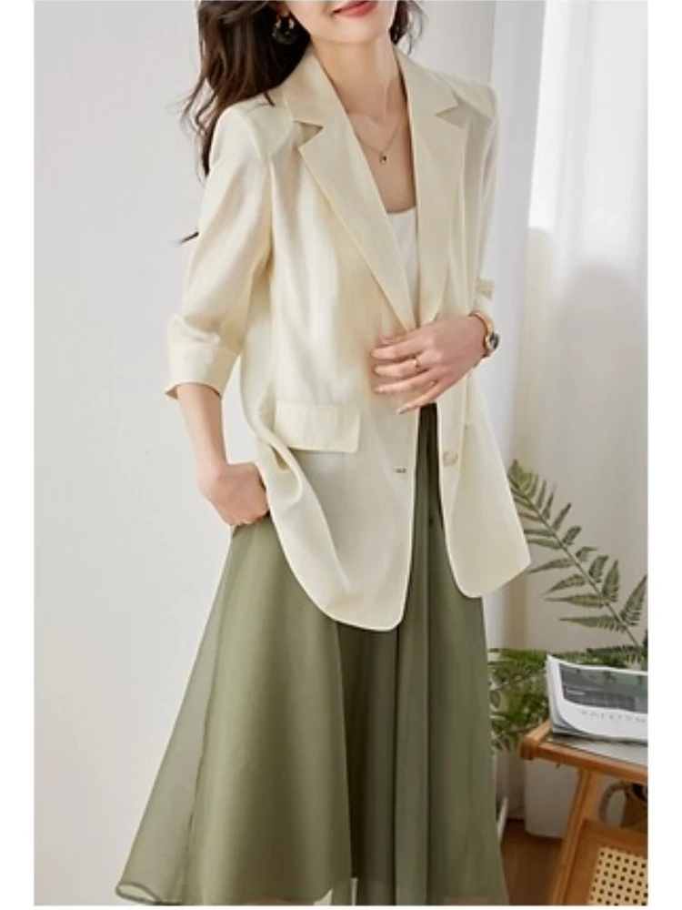 VIMLY Casual Lyocell Suit Blazer Donna 2025 Autunno Moda Trasparente Leggero Manica a tre quarti Office Ladies Blazer