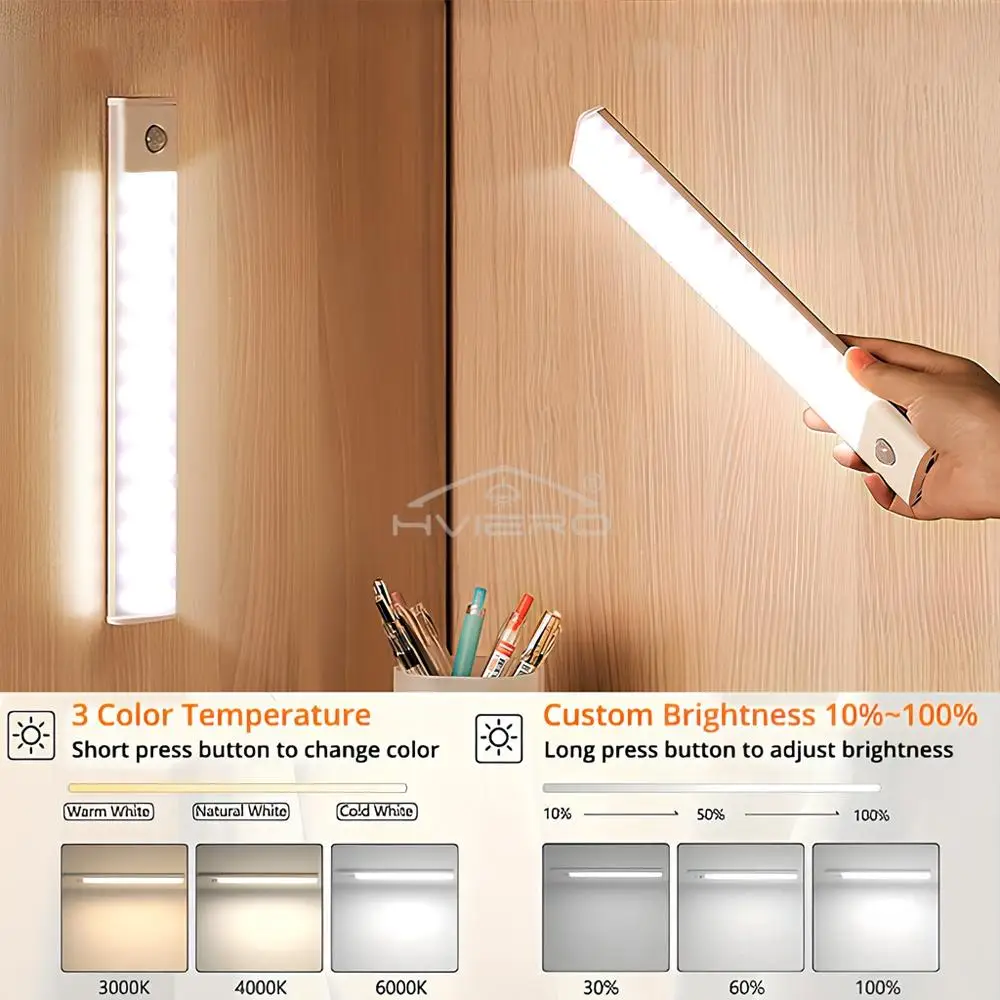 Luce notturna 3 colori in una lampada domestica Sensore di movimento USB wireless sotto l'armadio Dormitorio Guardaroba Armadio Armadio Illuminazione interna