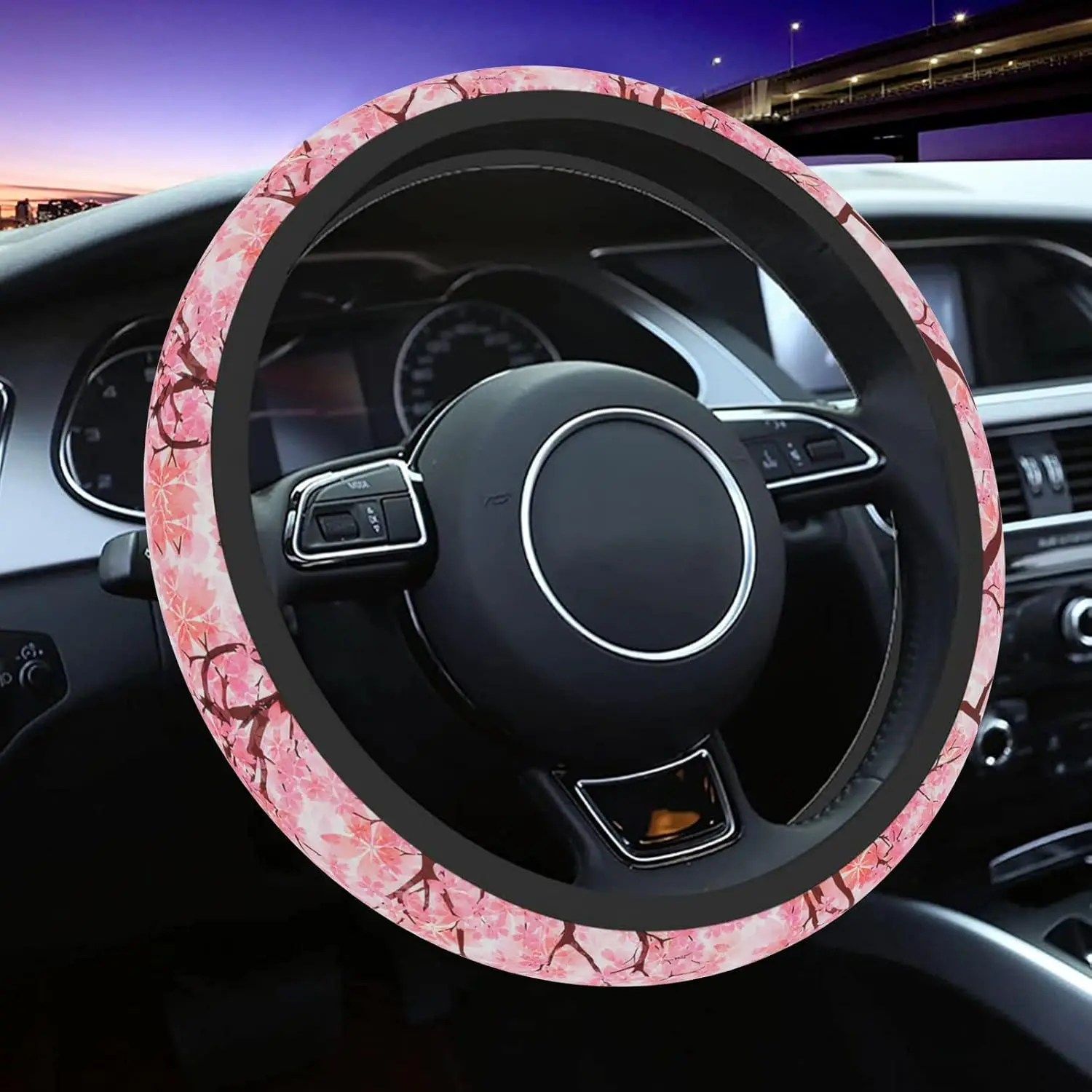 Pink Cherry Blossoms Steering Wheel Cover Neoprene Material Most Cars Universal 15 inch Japanese Sakura Steering Wheel