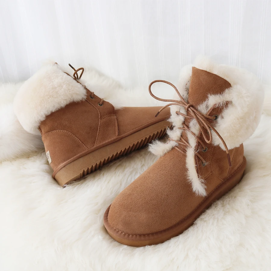 G&Zaco Genuine Sheepskin Boots Women Sheep Wool Boots Shoes Suede Leather Sheep Fur Boots Mid-calf  Flat Warm Winter Shoes