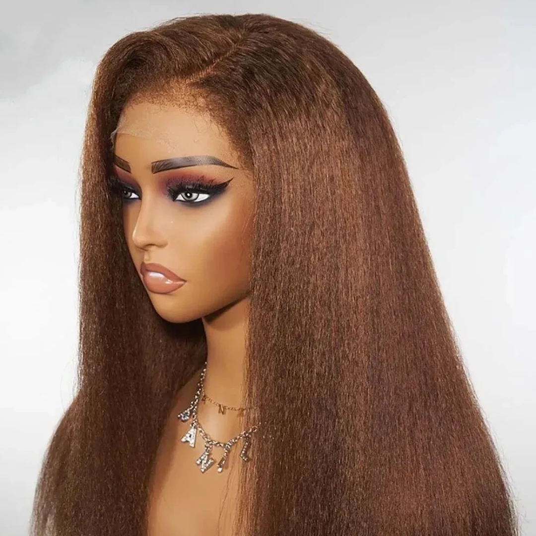 Natural Brown Soft 28Inch Long Glueless Kinky Straight Yaki Lace Front Wig For Women With Baby Hair Preplucked Daily