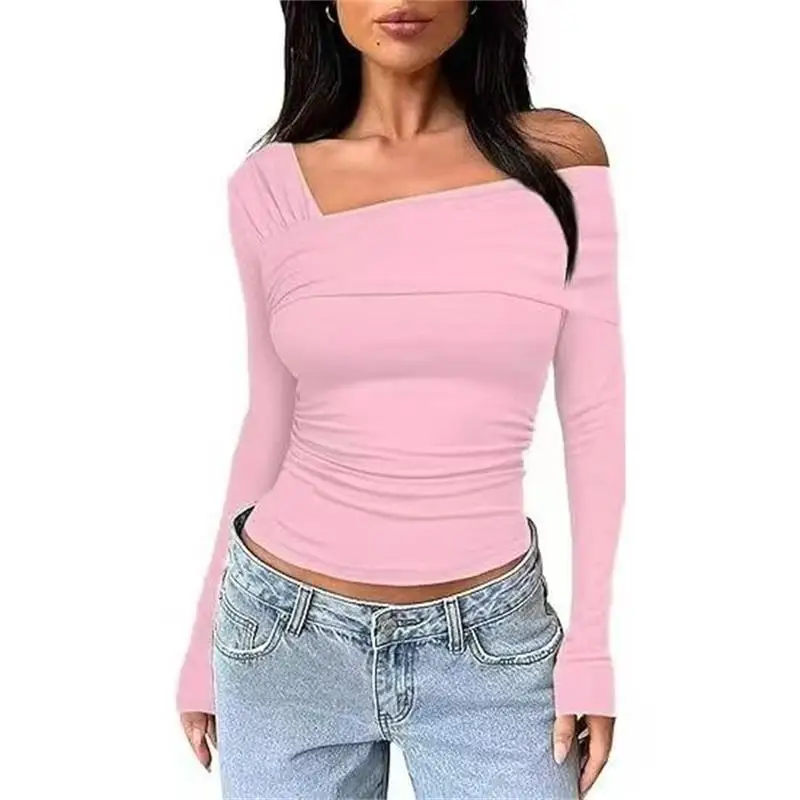 Women Basic Solid Color Slash Off Shoulder Full Sleeve Sexy Slim Top Shrunk Soft T-Shirt Casual Autumn Versatile Street Top