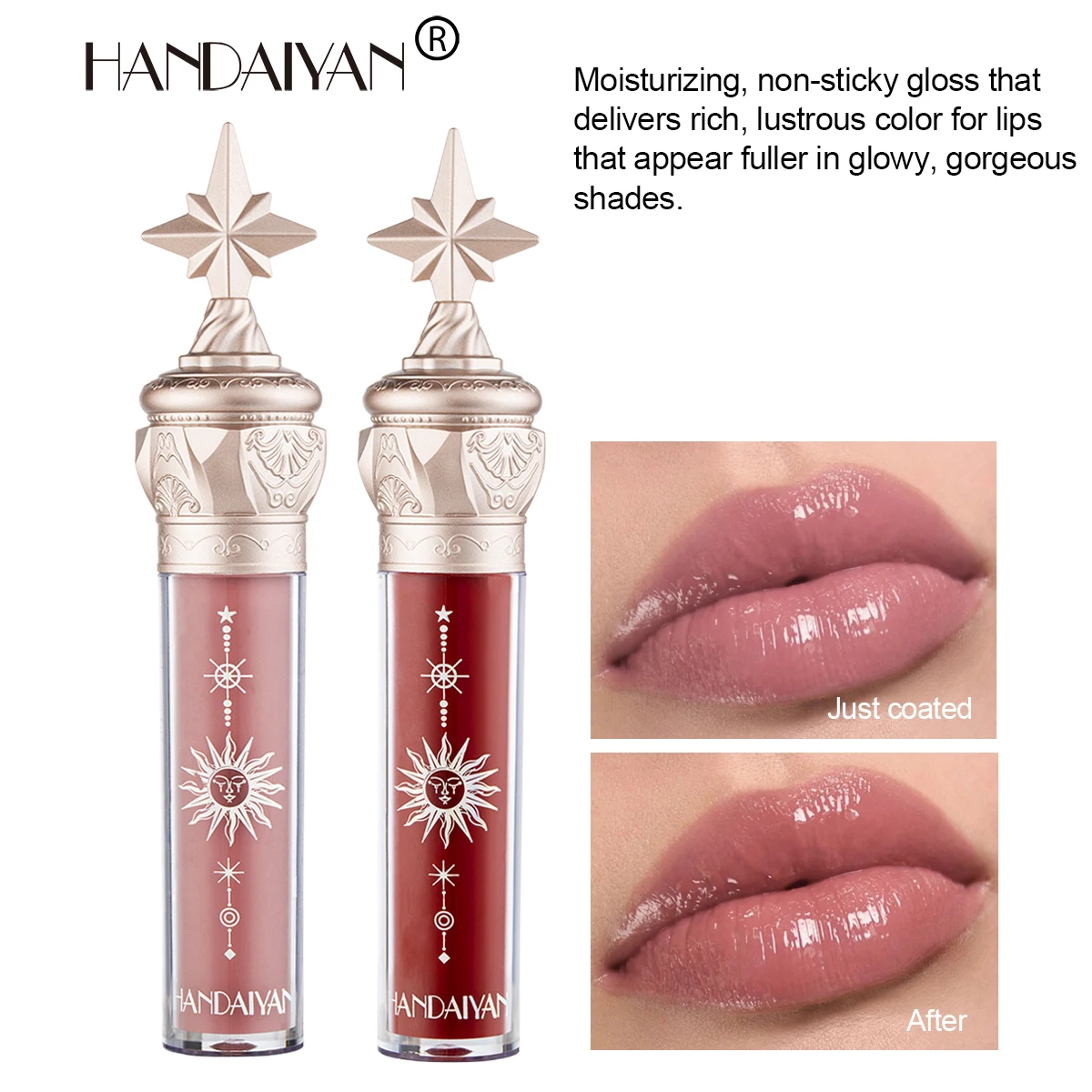 HANDAIYAN 8-Shade Mirror Star Shape Tube Lip Gloss Glass Moisturizing and long-lasting, easy-to-color lip makeup Liquid Lipstick