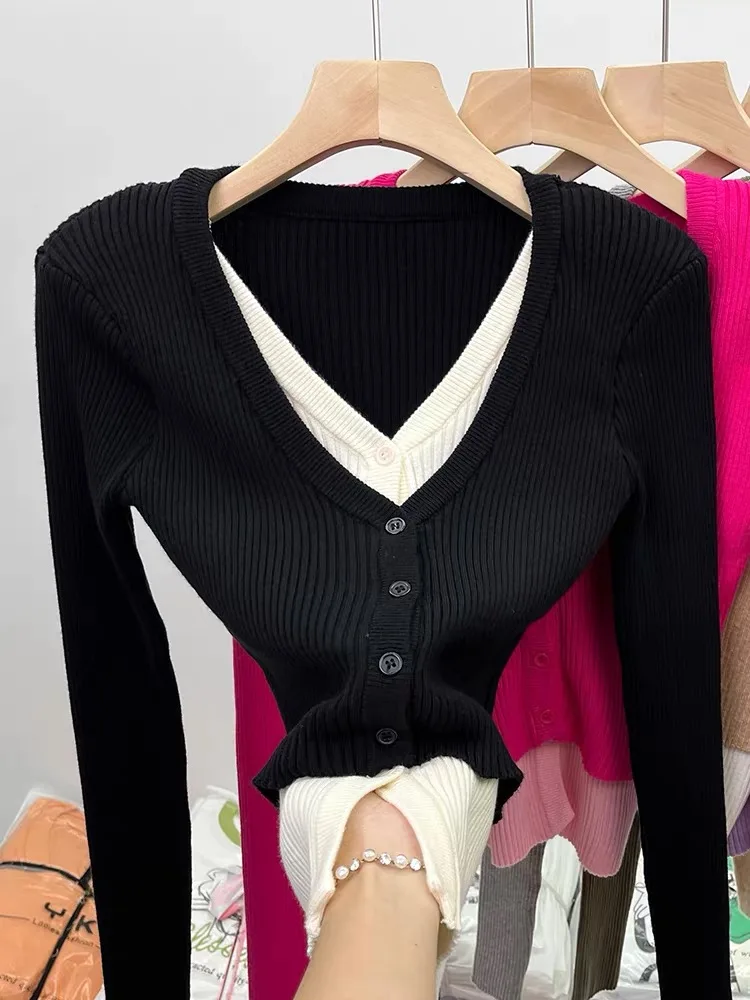 Korea Fashion Women Elegant Contrast Color Splicing Knitted Cardigan Sexy V-Neck Long Sleeve Slim Stretch Sweater Tops Female