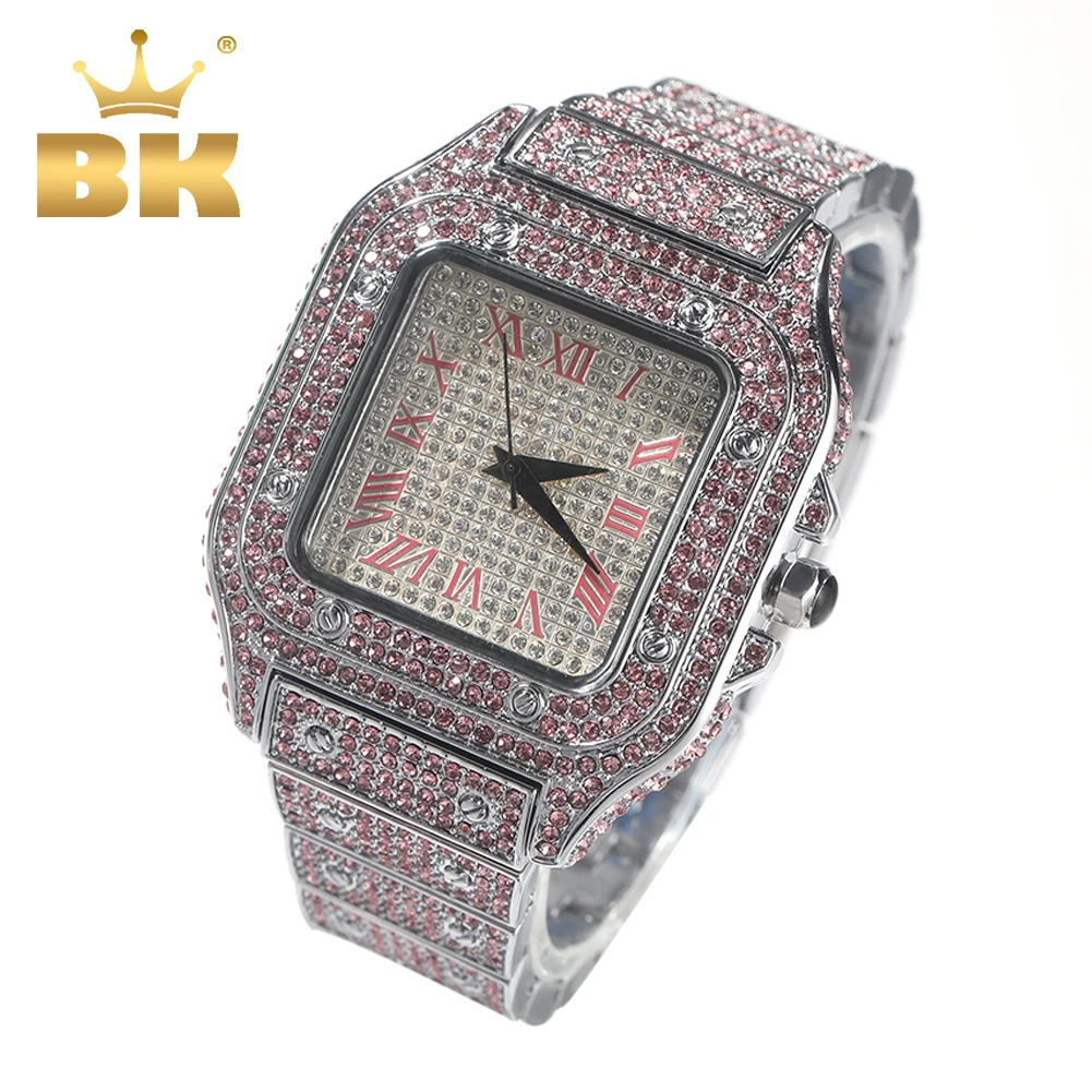 THE BLING KING Men Women's Watch Square Dail Iced Out Pink Blue Diamond Quartz Luxury Wrist Watch Roman Clock Relogio Masculino