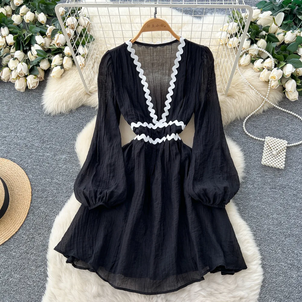 Vestido de mujer Vestidos de longitud media una línea Vestidos Y2k ropa de calle cuello en V profundo manga linterna elegante ajustado fiesta noche otoño