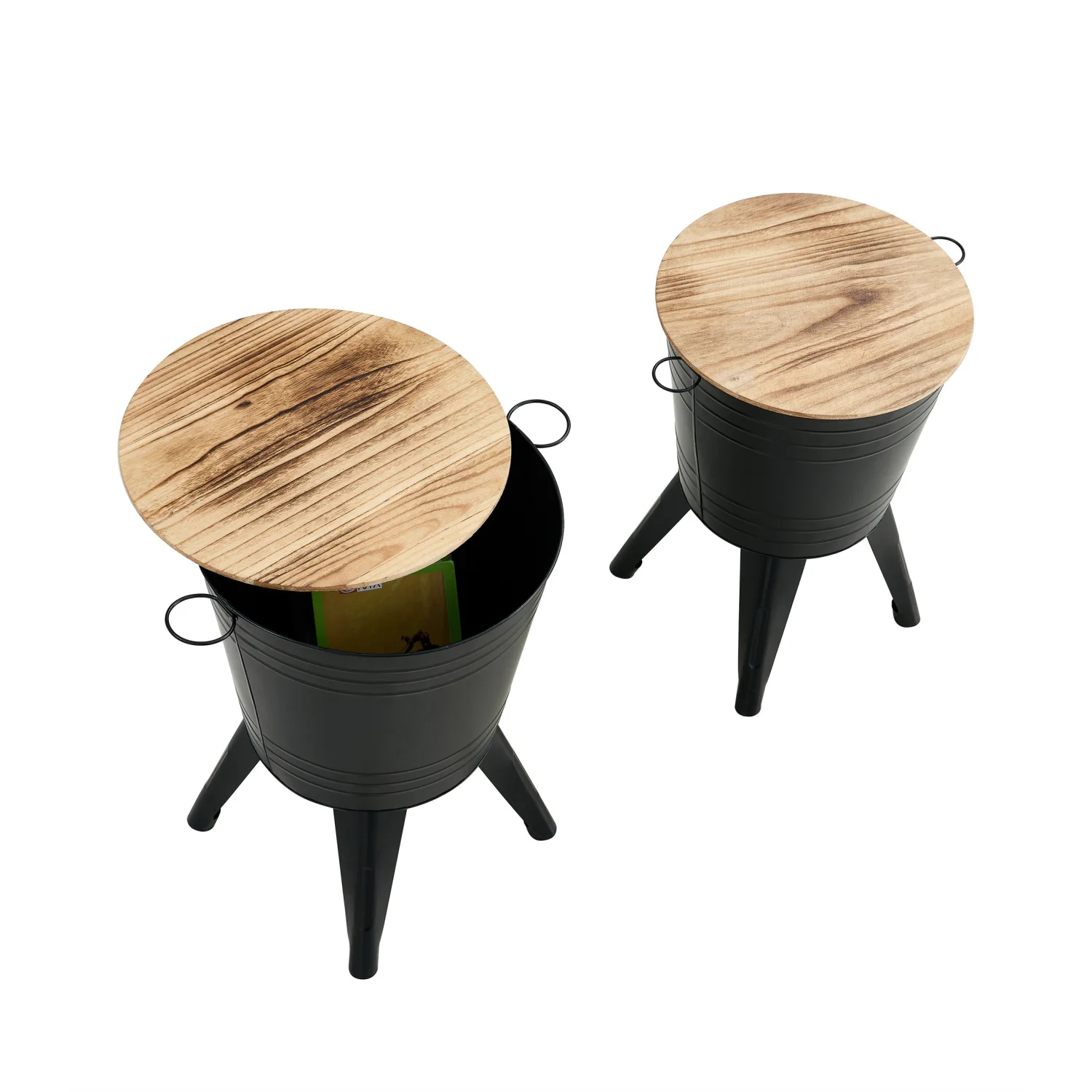 

Farmhouse Rustic Distressed Metal Accent Cocktail Table with wood top-BLK, Set of 2