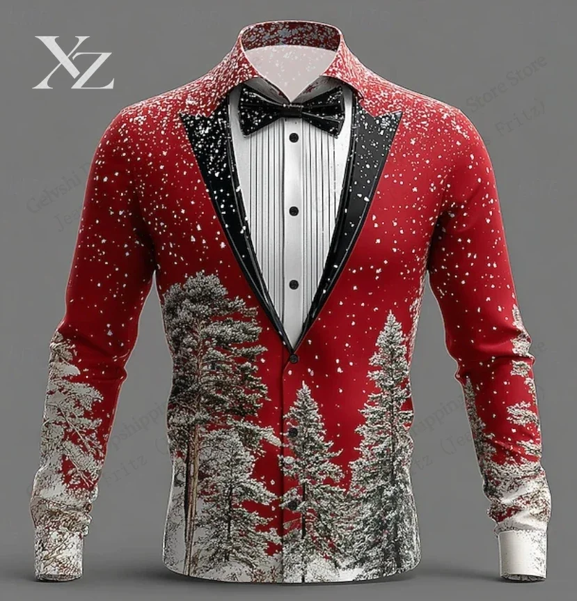 Snowflake Christmas Fake Suit 3d Print Long Sleeve Tuxedo Shirt Men Fashion Christmas Tree Single-breasted Blouse Mens Clothing