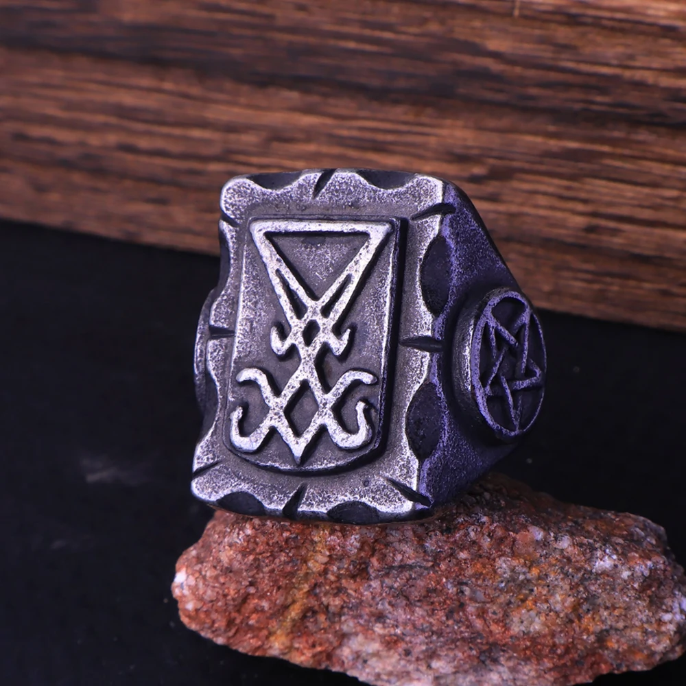 Fashion Vintage Stainless Steel Lucifer Cross Ring Men's Punk Creative Amulet Pentagram Ring Personality Jewelry Gift Wholesale