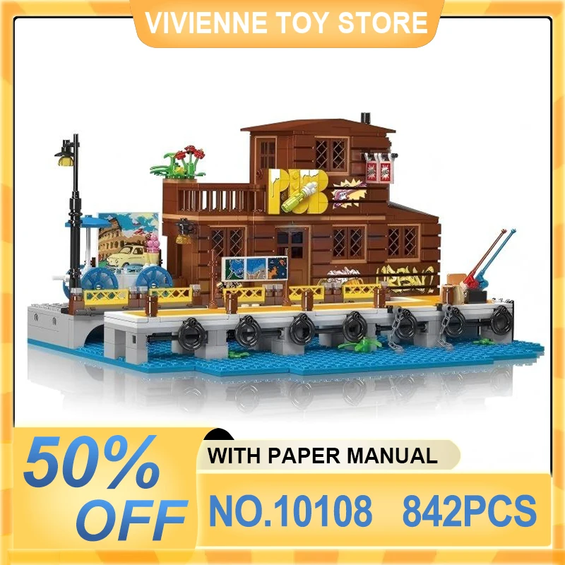 Mold King 10108 Dockside Taverm Street View Modular Building Blocks Seaside Pier บ้านไม้อิฐของเล่นเด็กคริสต์มาสของขวัญ