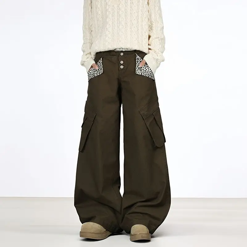جينز أمريكي عتيق بجيب الفهد جينز نسائي Y2K موضة ملابس الشارع هاراجوكو فضفاض غير رسمي عالي الخصر بنطال ذو قصة أرجل واسعة