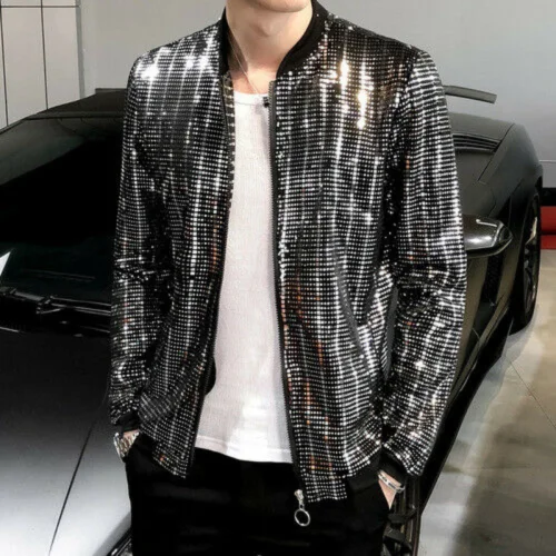 Men Casual Shiny Sequins Glitter Coat  Jacket Long Sleeves Zipper Outwear summer