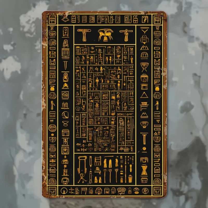 2D Vintage Metal Sign, Ancient Egypt Hieroglyphic Black Gold Print, Flat Tin Plate Wall Decor for Home Garden Outdoor Art