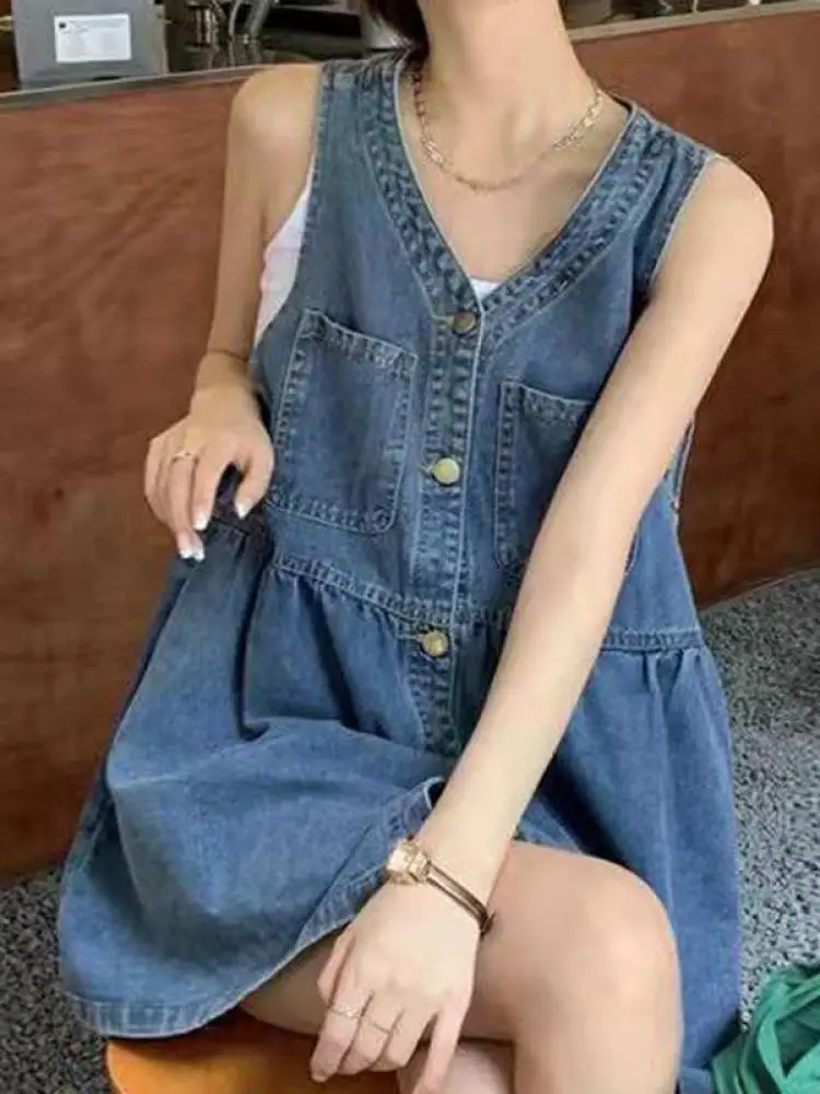 Ärmelloses Trägerkleid für Damen, Sommer, einreihig, Taschen, Denim-Kleider, Damen, koreanischer Stil, lose A-Linie, Minikleid 2026