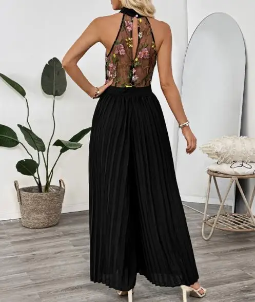 2025 Summer New Women's Fashion Casual Sleeveless Lace Embroidered Splicing Wide Leg jumpsuit Women's Wear