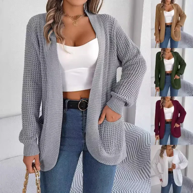 Outono inverno nova camisola de manga comprida para mulheres simples fácil correspondência bolso malha cardigan casual confortável jaqueta solta