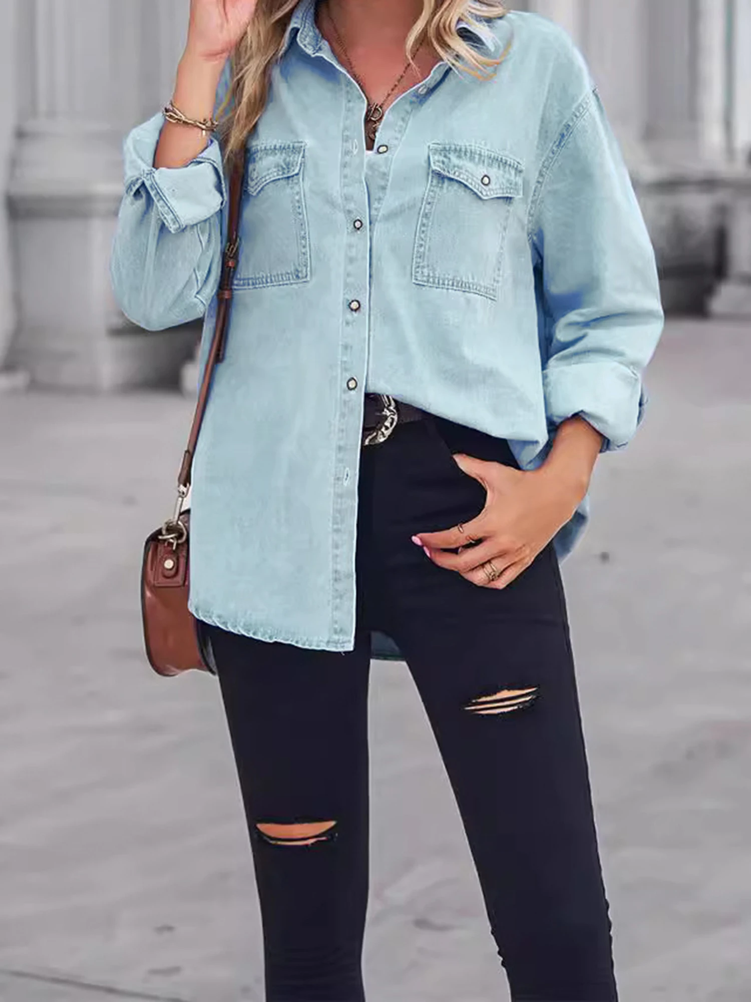 Women s Oversized Denim Jacket with Button Closure and Turn Down Collar Casual Loose Fit Long Sleeve Coat for Fall