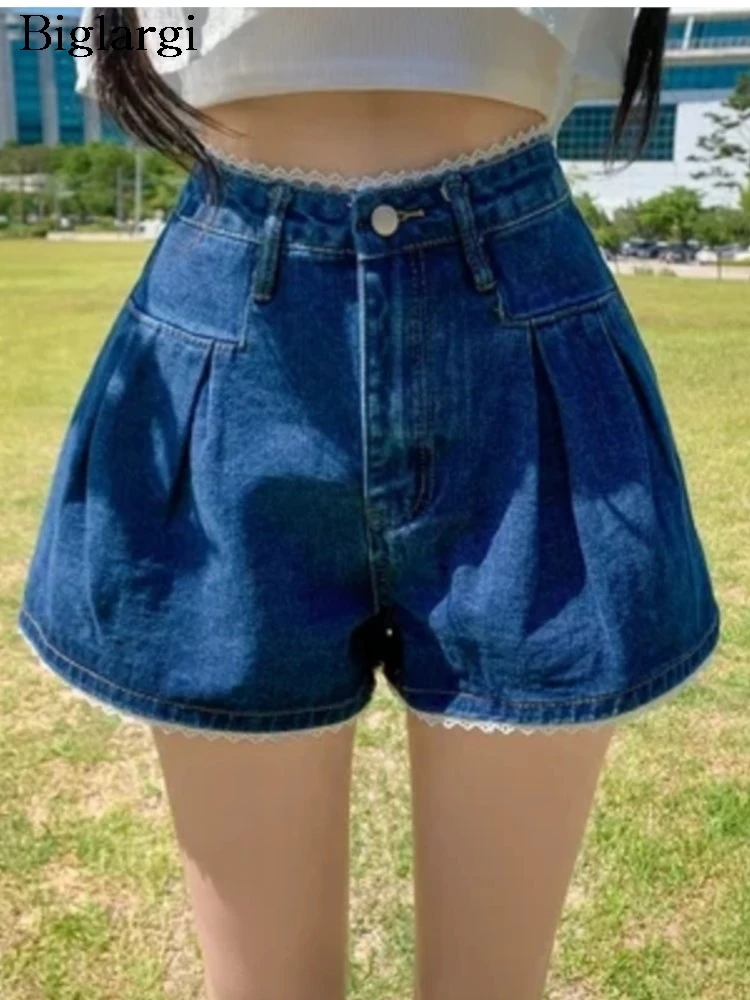 

Jeans Summer Denim Mini Lace Patchwork Shorts Women Sweet Fashion High Waist Ladies Trousers Korean Loose Wide Leg Woman Shorts