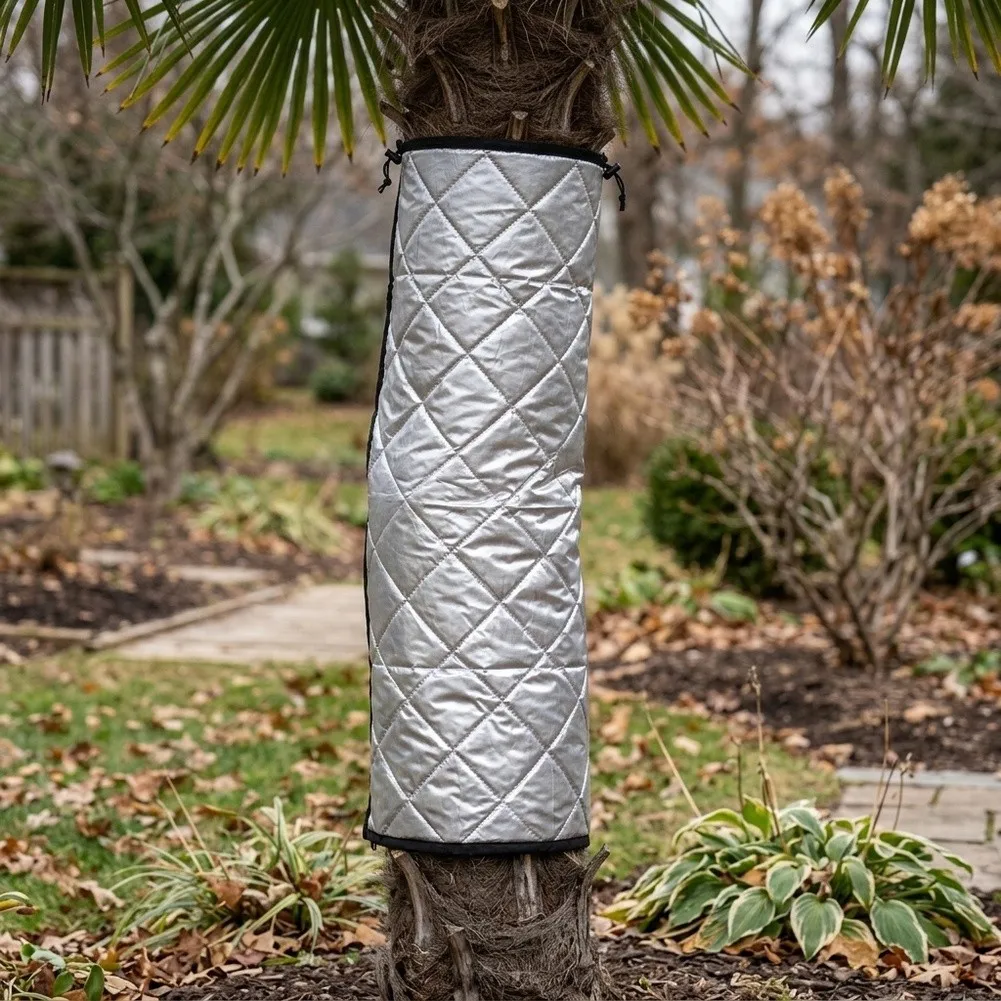 Tree Trunk Protection Blanket Quilted Winter Cover with Drawstring for Cold Climate Use 100x100cm Silver Cotton Material