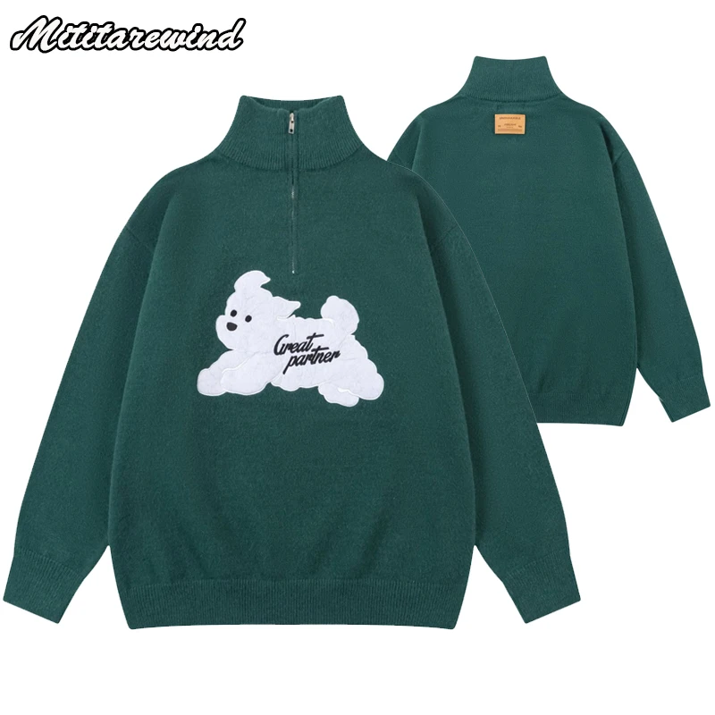 Autumn Winter Half Zipper Pullover Sweaters Men Oversized Hip Hop Streetwear Fashion Cartoon Puppy Warm Knitted Sweater Women