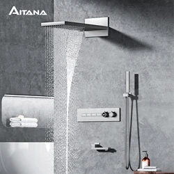 Luxury gun gray brass thermostatic shower system wall mounted LED digital display hot and cold water bathroom embedded faucet