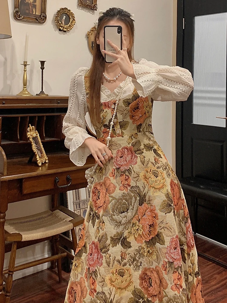 Print Retro Elegant Fairy Dress Women Lace Korean Style Evening Party Midi Dress French Vintage Floral Dress Female 2023 Summer