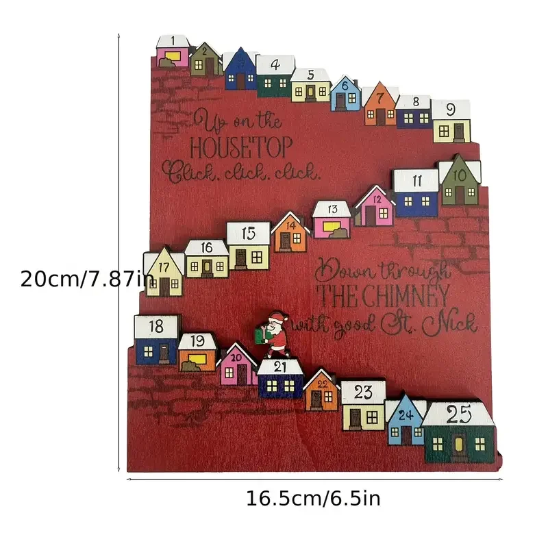 Eine Countdown-Display für das Weihnachtshaus. Der Weihnachtsmann gibt Geschenke an das Holzhaus mit Zahlen 1-25. Weihnachtsdekorationen