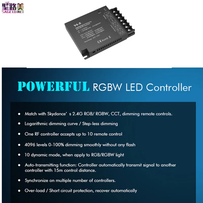 V4-X CCT/RGB/RGBW 2.4G RF Led CV Controller 4CH*8A/5A DC12-48V 4Channel PWM Dimming for Single Color CCT RGB RGBW Led Lamp Strip