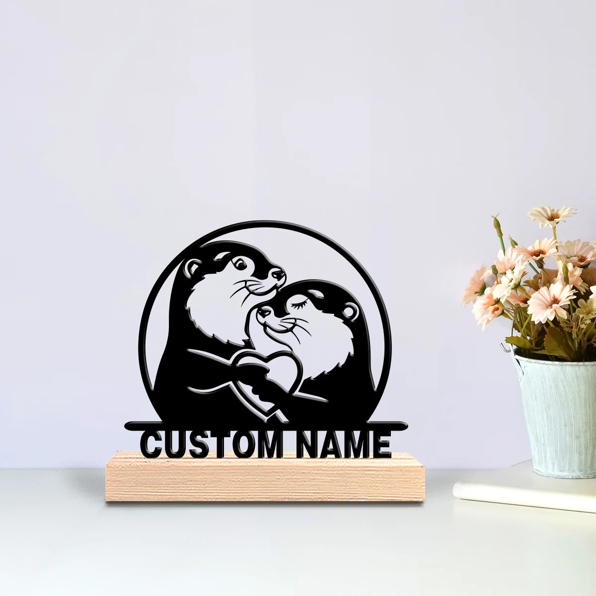 1pc Fashion otters Custom Text Iron Statue Iron Ornament Tin Sculpture With Wood Base Handicraft With Wood Base Bedroom Table