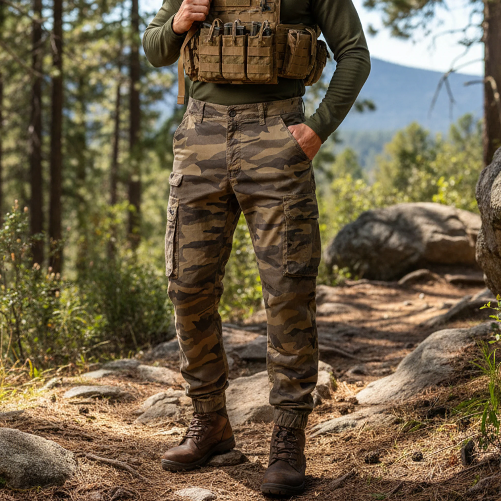 Men's Camouflage Cargo Pants Multi Pocket Loose Minimalist Cuffed Ankle Workwear Overalls Trousers Streetwear Harem Pants Man