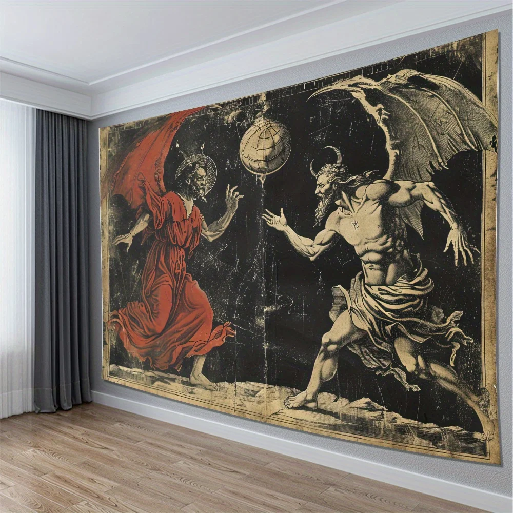 Angel Versus Devil Vintage Mythology Art 2D Flat Tapestry Backdrop For Game Room Decor Gothic Wall Hanging Print
