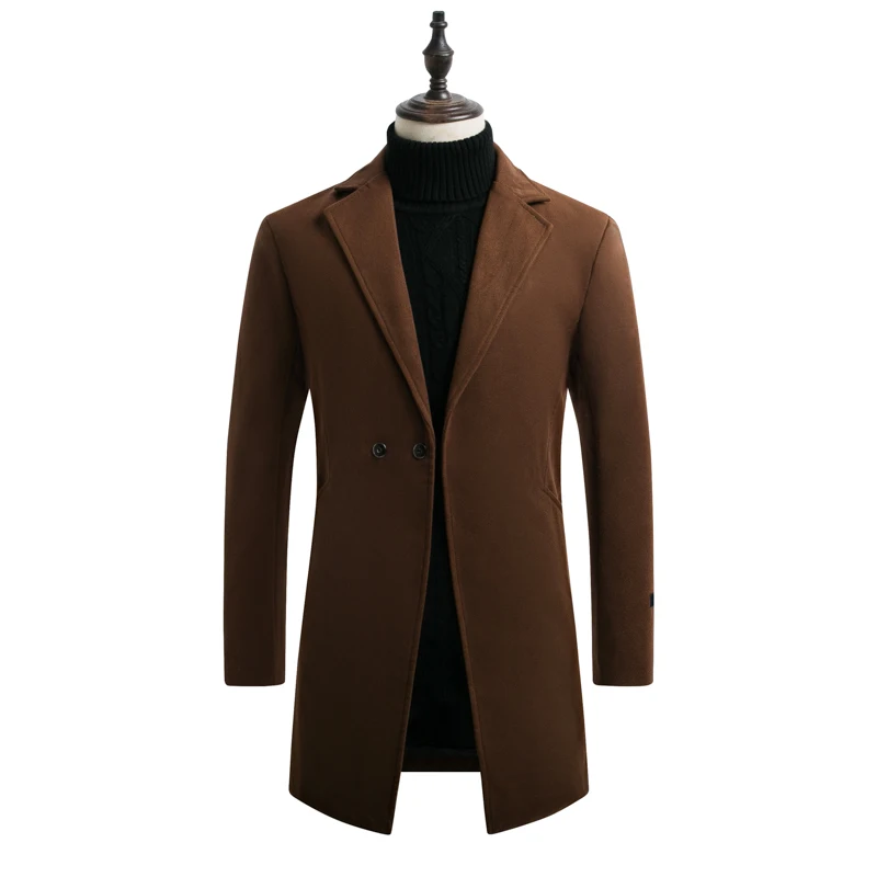 

Autumn and winter British slim black mid-length woolen coat men's trench coat with cotton