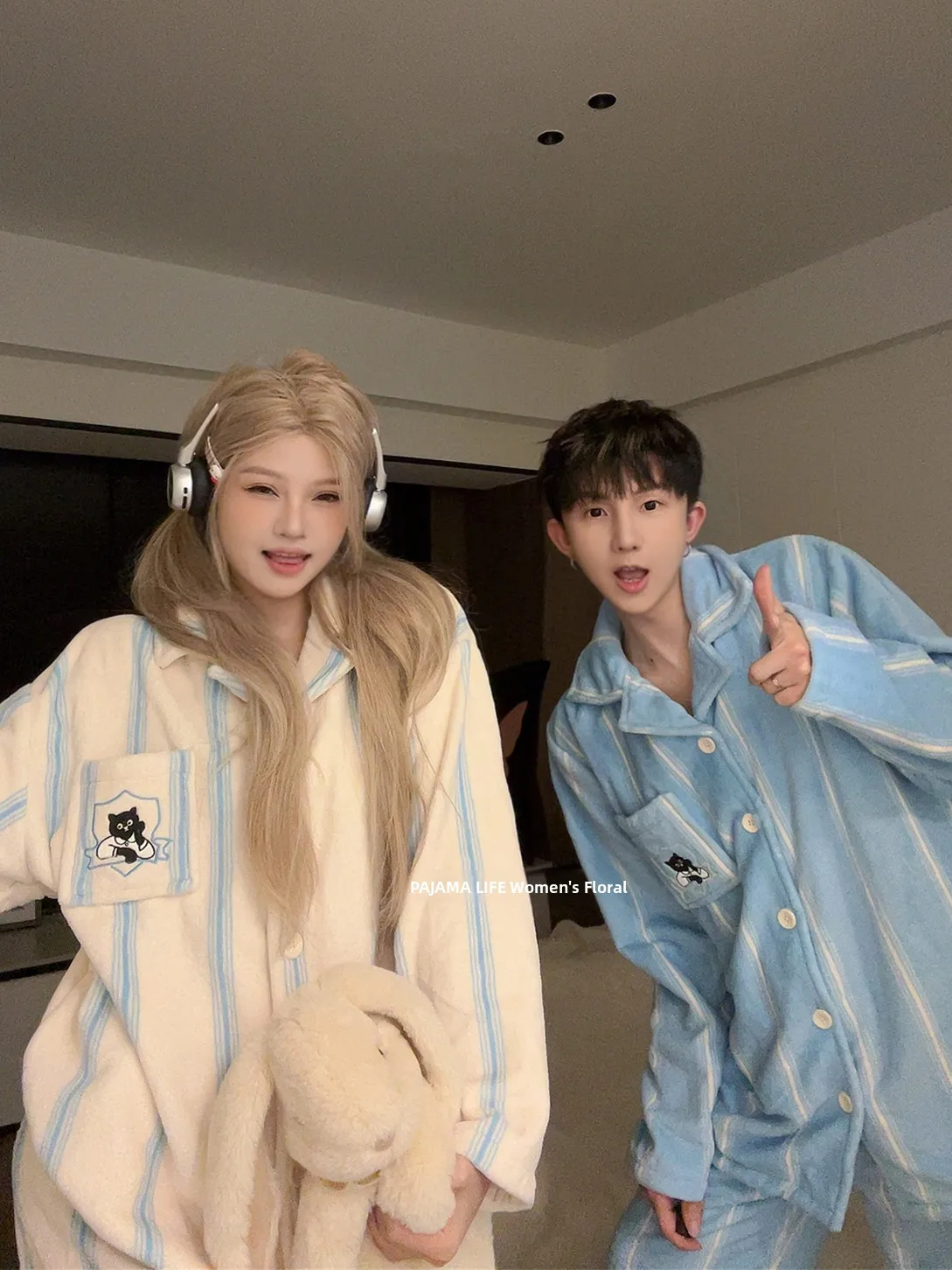 Korean Style Couple Sleepwear Coral Fleece Thickened Fluffy Lazy Loose Striped Home Clothes Set Unisex Long Sleeve Button up ...